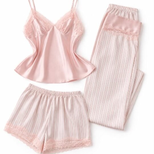 Conjunto de pijama feminino de 3 peças em cetím
