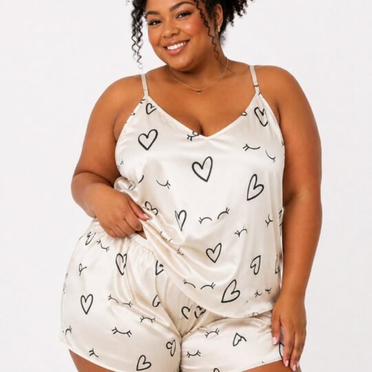 Conjunto de pijama Plus Size em cetim - Cílios e Corações